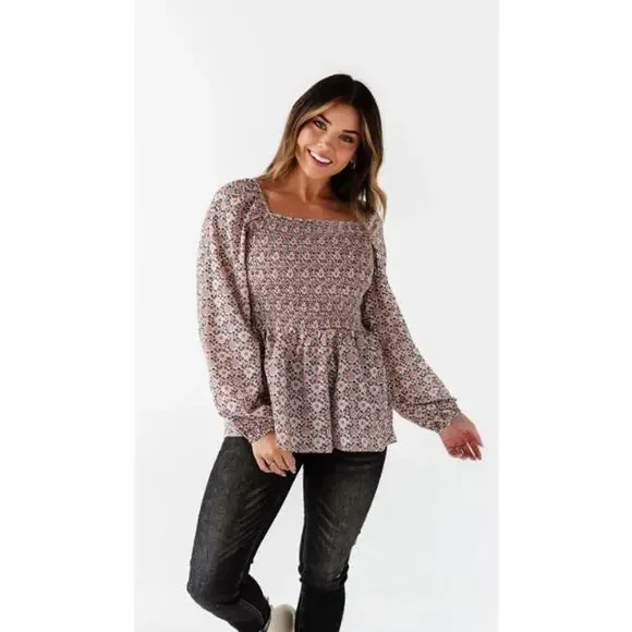 Hayden Smocked Puff Sleeve Floral Print Square Neck Peplum Blouse Women Sz S - Picture 1 of 9